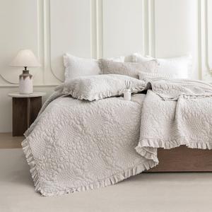 QSH Light Wheat Oversized King Quilt Bedspread Set(120"x120"),3PCs Stonewashed Cotton Ruffled Quilt California King,Ultra Soft Lightweight Crinkled Shabby Farmhouse Chic Bedspread Coverlet Bedding Set