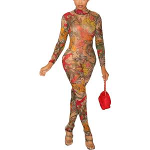 Wuitrie Sexy Mesh One Piece Jumpsuits for Women Long Sleeve See Through Printing Jumpsuit Tummy Control (Small, Red)