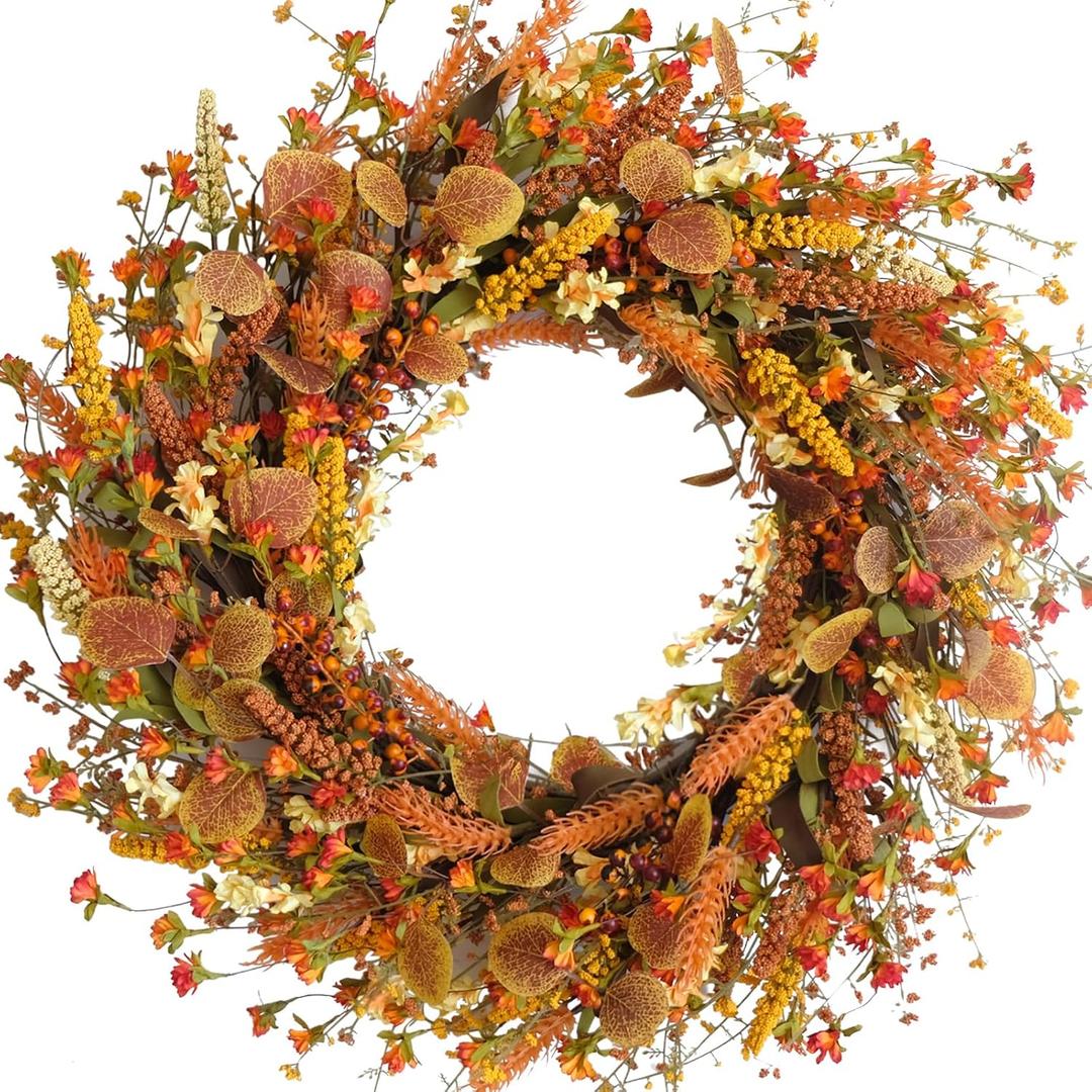 24 Inch Fall Wreaths for Front Door Wreath with Flowers,Grain,Eucalyptus Leaves Autumn Wreath for Front Door Wall Home Harvest Thanksgiving Decor