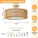 17.7" Rattan Flush Mount Ceiling Light,3-Light Hand-Woven Boho Ceiling Lights with Soft Fabric Diffuser,Farmhouse Drum Lighting Fixtures for Bedroom Hallway Kitchen,Bulbs Not Included(Brown)