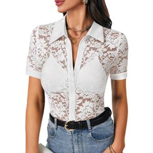 LYANER Women's Lace Tops Button Up Sexy Short Sleeve Shirt Dressy Casual Sheer Top Collared Blouse (XS)