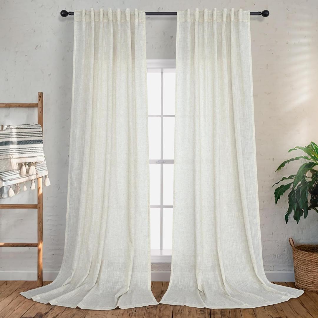 Back Tab Cream Linen Curtains 96 Inches Long 2 Panels Set for Living Room Patio Sliding Door Pocket Ivory Sheer Curtains Canvas Cloth Textured Light Filtering Drapes Floor to Ceiling Length 8 FT 42x96 (Natural)