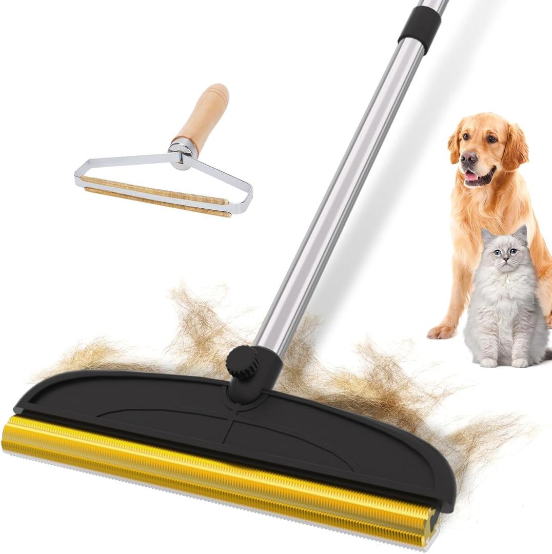 2 in 1 TPU and Copper Rake Teeth Carpet Rake for Pet Hair Removal, 60-inch Adjustable Long Handle Pet Hair Remover, Reusable Cat Dog Hair Rake Broom, Lint Remover Scraper for Carpet, Bed (Black-Silver)