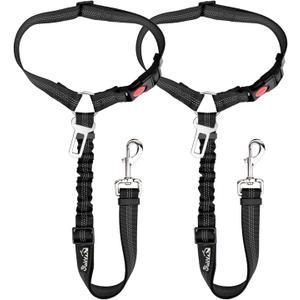 SlowTon Dog Seat Belt for Car, Pack of 2 Dog Car Harness Seatbelt Adjustable with Elastic Bungee Buffer, 2 in 1 Pet Car Leash Headrest Restraint Dog Reflective Safety Tether (Black, Headrest+Clip)