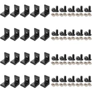 20Pcs 2020 Aluminum Extrusion T Slot Corner Bracket 20 Series Extruded Hardware L Connector with M5 Nuts Bolts for 20/20 20mm T V Slot Black Aluminum Profile Rail Accessories