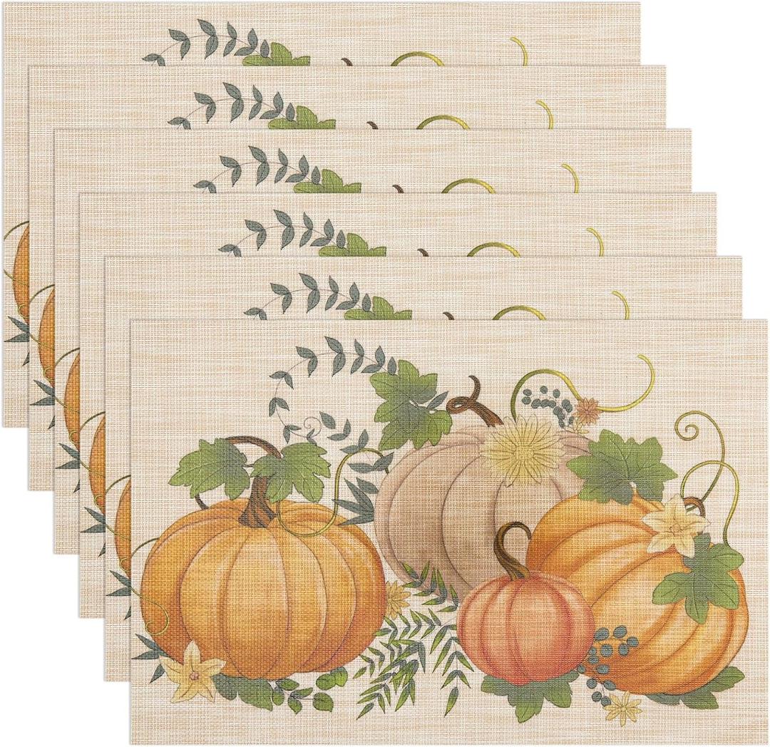 Thanksgiving Placemats Set of 6 Fall Place Mats Pumpkin Maple Leaves Table Mats Washable Non-Slip Heatproof Woven Placemats for Dining Table (17.7" X 11.8") (Light Yellow 4)
