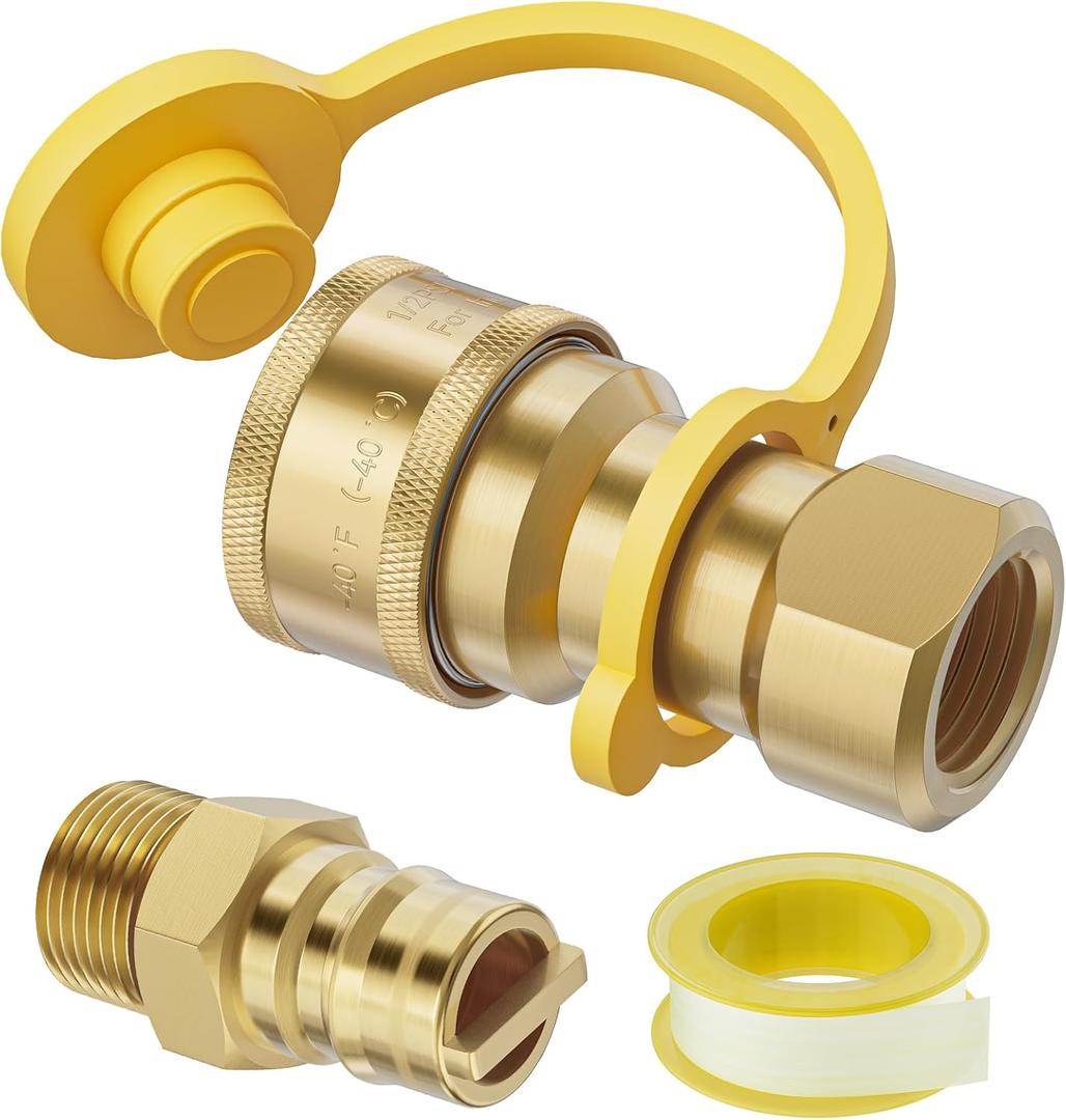 1/2 Inch Natural Gas Quick Connect Fitting for Natural Gas Hose, Propane Quick Connect Fittings, Natural Gas and Propane Quick Connect Set (2 Pcs), Solid Brass