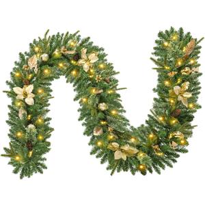 9FT Pre-Decorated Christmas Garland with Lights, Battery Operated Outdoor Christmas Garland for Mantel, 180 Multi Tips & Pine Needles, Time Functional Christmas Decorations for Table (Gold)