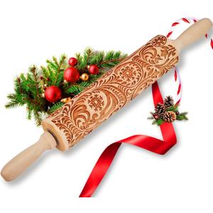 Christmas Gifts Wooden Embossed Rolling Pin for Baking, Stocking Stuffers Gifts for Women, Deep Engraved Embossing Rolling Pins with Snow Pattern Designs for Baking Cookies Stamps Roller DIY Tools