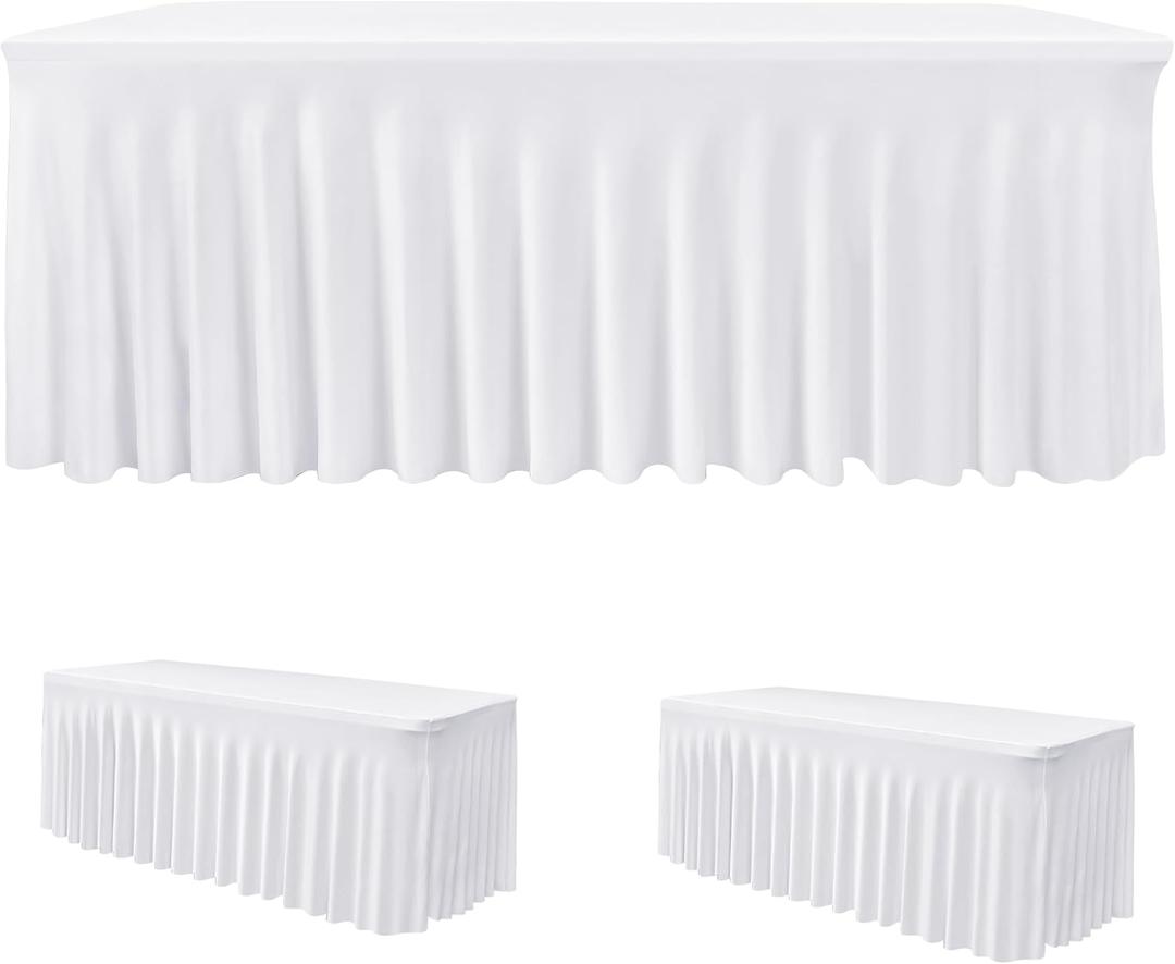 HolidayIdeas 2 Pack Spandex Table Skirt for 6 Ft Rectangle Tables, White Fitted Stretch Tablecloth 30 x 72 Inch, Wrinkle Resistant Ruffle Design for Wedding Banquets, Baby Showers, Parties