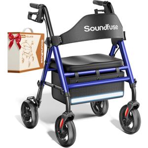 SOUNDFUSE Walkers for Seniors, Rollator Walker with Seat, 8" All Terrain Wheels, Double Support Bar, 16" Ergonomic Arc Seat and Comfortable Backrest, Dual Height Adjustable and Foldable Design