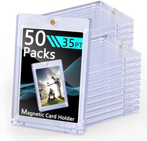 SAMYUCHO 50ct Magnetic Card Holders, 35pt Magnetic Trading Card Protectors U-V Protection Display Cases, Hard Plastic Sleeves for Sports Game MTG Standard Cards