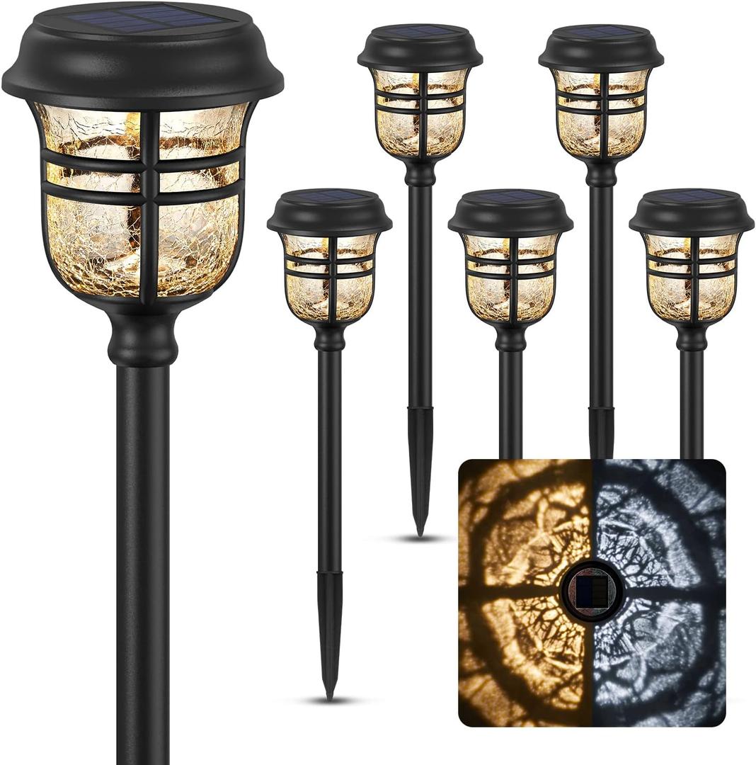 XMCOSY+ Solar Pathway Lights Outdoor, High Lumens LED Garden Lights with 2 Lighting Modes, Solar Powered Light, IP65 Waterproof Auto ON/Off for Yard Walkway Driveway Decor (Warm & Cool White) (Black)