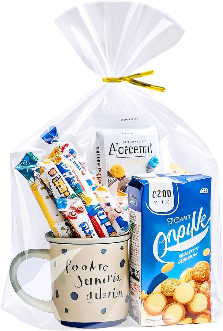 PigPotParty 10"x 14", 50Pcs Bottom Gusset Bags, Clear Plastic Gift Cellophane Mug Treat Goodie Bags with 50x Twist Ties, Large Party Favor Packaging, Toy Wrapping (No Side Gusset)
