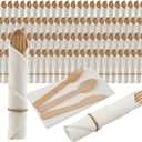 Pre Rolled Napkin and Bamboo Cutlery Set - 100Pack Bamboo Utensils/Compostable Cutlery(100 Forks, 100 Knives, 100 Spoons, 100 Napkins), Biodegradable Wrapped Cutlery for Party, Wedding, Events
