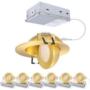 Gold Recessed Lighting Fixtures 3inch - 7W Canless CCT Selectable Gimbal Ceiling LED Recessed Lights,Dimmable Indoor Swivel Downlight for Accent Lighting,360 Adjustable 90 Tilt Spotlights 6Pack Gold