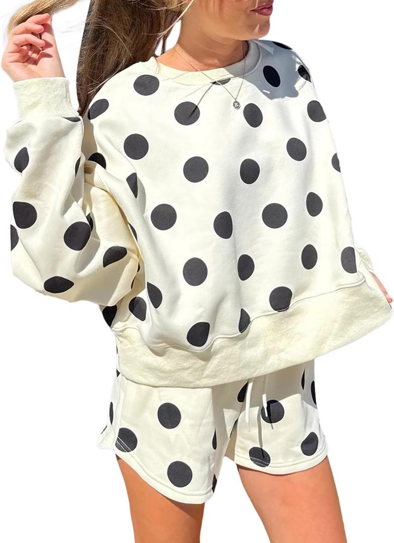 KevaMolly Womens Two Piece Lounge Sets Polka Dot Print Drop Shoulder Oversized Pullover Drawstring Shorts Set Beige M