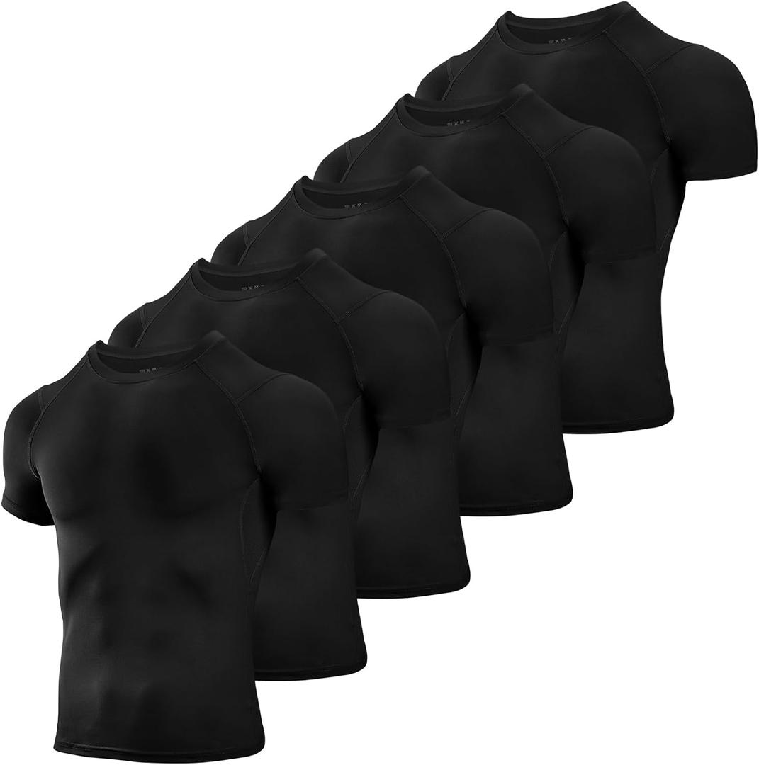 Niksa Men's Compression Shirts 3/5 Pack,Short Sleeve Athletic Compression Tops Cool Dry Workout T Shirt (Medium, Dark Black)