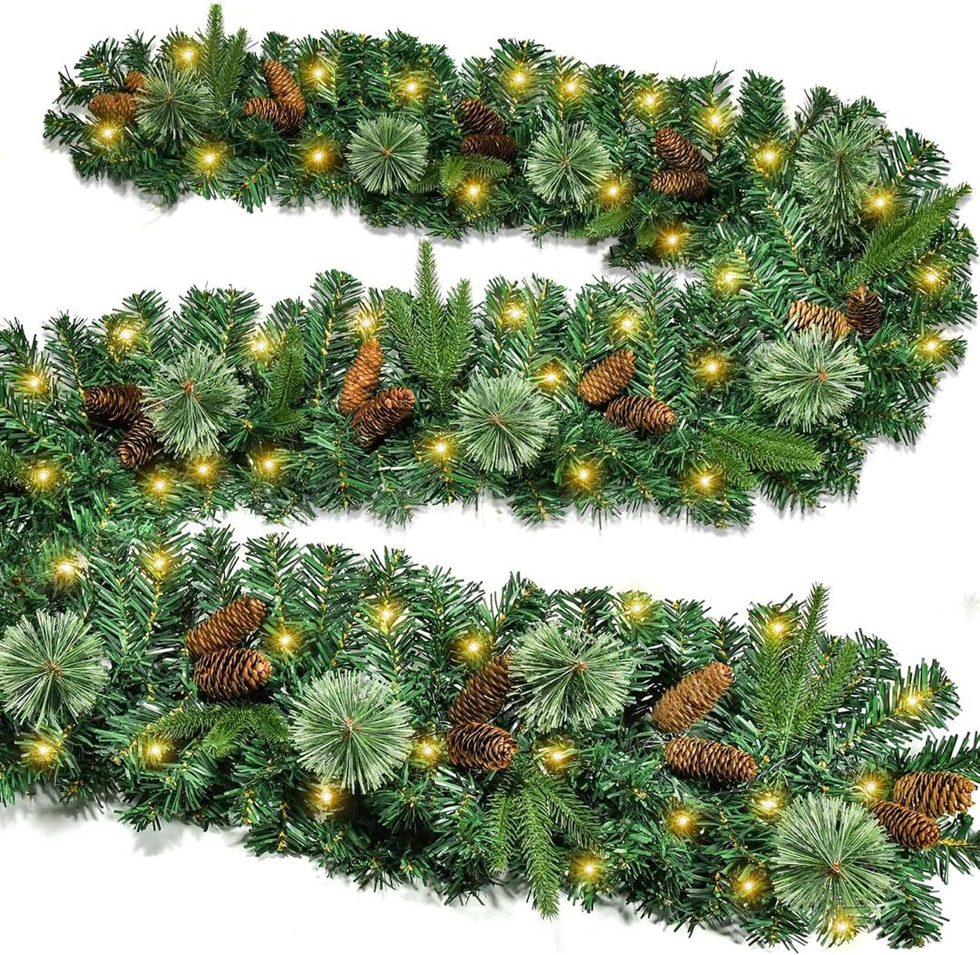 9FT Christmas Garland with Lights, Battery Operated, Green Garland with Artificial Long Pine Cones and Pine Needles for Christmas and Front Door Window Fireplace Mantle Decor