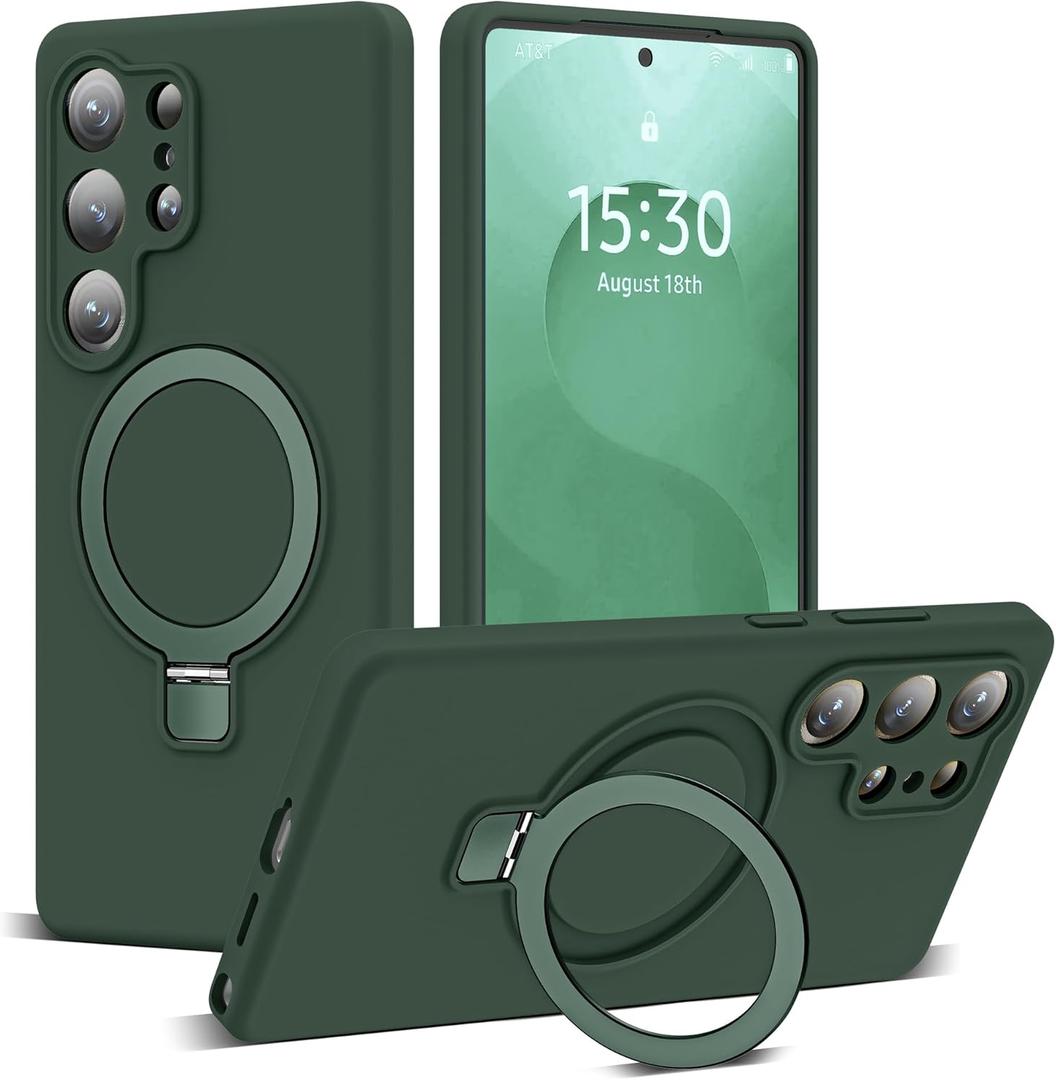 Designed for Samsung Galaxy S25 Ultra 6.9'' with Magnetic Ring Stand[Compatible with Mag-Safe][Military-Grade Protection] Slim Liquid Silicone S25 Ultra Phone Case for Men Wowen,Green