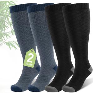 SONORAN Plus Size Compression Socks for Women Wide Calf (2 Pairs) 15-20mmHg Bamboo Viscose Knee High Sock Support for Nurses Pregnancy Travel XL（Black&Blue）