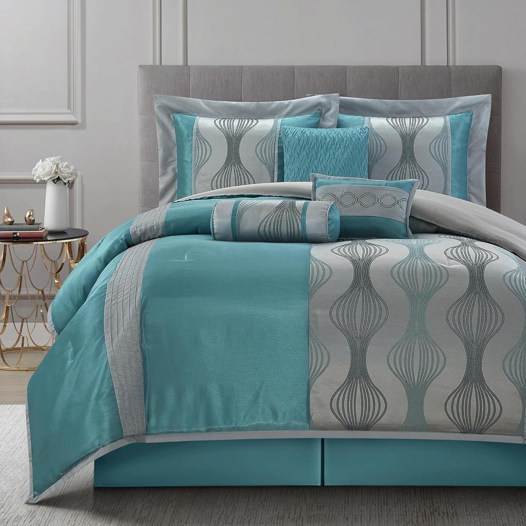 King Comforter Set, Blue, 7 Pieces in a Bag, Ultra Soft Jacquard with Solid Piecework, Luxury Bed Set with Comforters, Bed Skirt, Pillow Shams and Decorative Pillows
