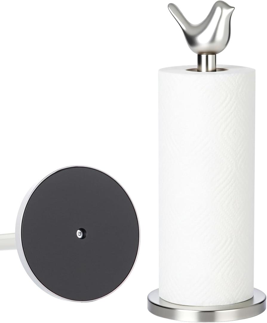 Bird Paper Towel Holder Kitchen Decor Detachable Paper Towel Holder Stainless Steel for Bedroom Toilet Countertop Accessories Fit Standard, Large Rolls with Anti-Slip Base(Silver)