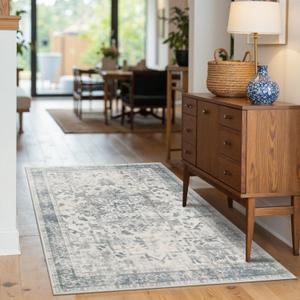 3x5 Washable Entryway Rug, Non Slip Boho Runner Rugs for Hallway, Entrance, Kitchen, Bathroom, Laundry Room, Soft Entryway Carpet, Throw Low Pile Retro Imitation Wool Carpet, Light Blue Grey
