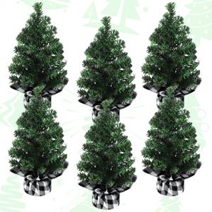 Ceenna 6 Pack 8" Tabletop Mini Christmas Tree with 24 Plaid Bow Miniature Artificial Xmas Tree with Base Table Centerpiece Decor for Christmas Home Indoor Kitchen Dining Table Decor (Black White)