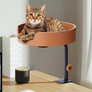 Cat Desk Bed Perch Nest with Teaser Easy Install, Space Saving Design, Sturdy Frame, Removable Cushion, Ideal for Home Office, Side Table, Fits All Cats