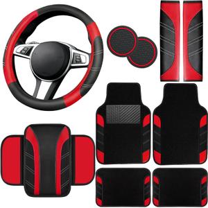 NBTEPEM 10 Pcs Car Floor Mats Full Set & Sport Leather Steering Wheel Cover 14.5-15 inch, Center Console Cover, Seat Belt Cushion, Cup Holder Coaster, Universal Automobile Interior Sets (Red)