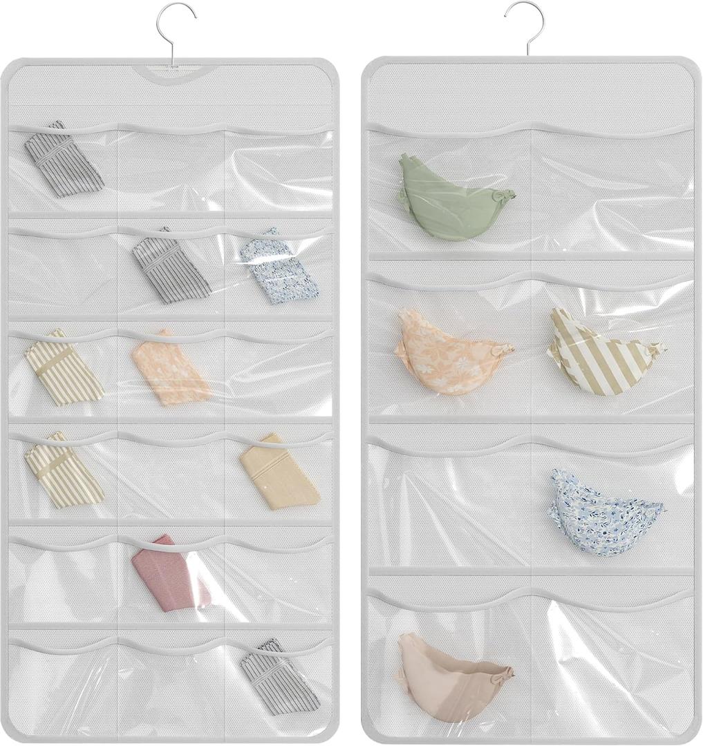 26-Pocket Hanging Organizer for Socks, Underwear, Bras, and Leggings, Dual-Sided Closet Storage for Lingerie and Kids Clothing, White