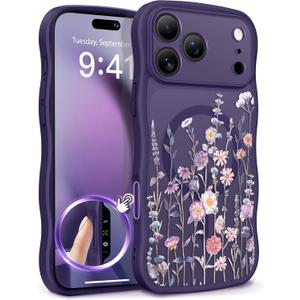GVIEWIN for iPhone 17 Pro Max Case Compatible with MagSafe [Curly Wave Edge][Full Camera Protection] Floral Translucent Shockproof Magnetic Women Phone Case for 17 Pro Max, Floratopia/Deep Purple