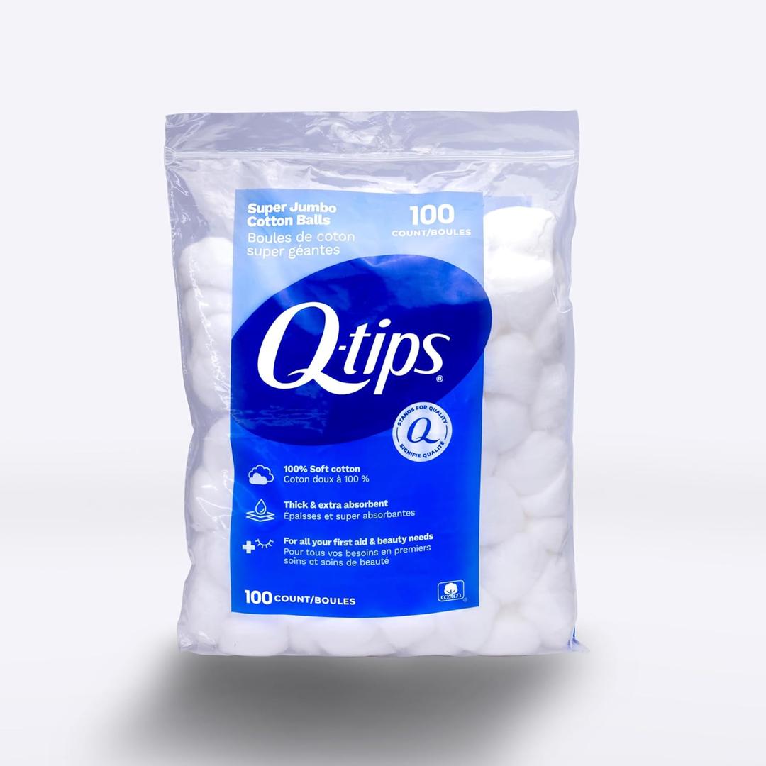 4 x Q-Tips Super Jumbo Cotton Balls for Beauty, First Aid and Baby Care, 100% Thick Cotton, 100 Count