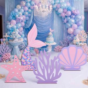4 Pcs Large Under The Sea Mermaid Party Decorations Summer Ocean Theme Birthday Party Decor Mermaid Coral Shell Wooden Stand Decor for Vbs Classroom Centerpieces Photo Booths Props
