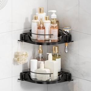 360Rotating Corner Shower Caddy(2-Pack), No-Drill Adhesive Shower Shelf Organizer with Hooks, Lazy Susan Bathroom Storage for Bathtub, Shower Corner & Kitchen Sink, Space Saving Bathroom Organizer