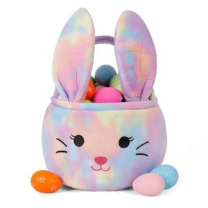 Easter Bunny Baskets for Kids, Egg Hunt Bags Plush Rabbit Bucket with Foldable Ears Easter Gifts for boys and girls (Tie-dye)