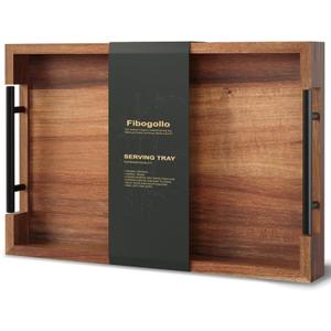 Fibogollo Acacia Wood Serving Tray with Metal Handles,15x10in Ottoman Decorative Trays Platter for Coffee Table,Living Room,Bar,Party(Medium) (Brown)