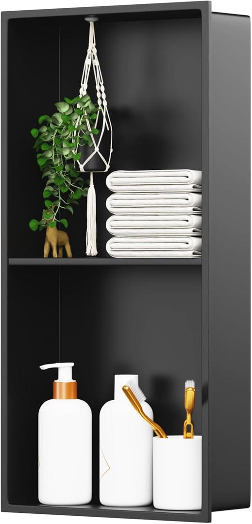 No Tile Shower Niche Stainless Steel Wall Niche 12" X 24" Two-Tier Bathroom Shelf No Tile Needed Recessed Niche Shower for Bathroom Storage, Matte Black, 12W * 24H