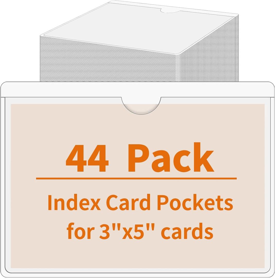 44 Pack Labels for Storage Bins, 35 Inches Index Card Holder Organizer, Clear Adhesive Pockets, Plastic Label Holders for Tote Library Card Bins Box Drawer Classroom Organization