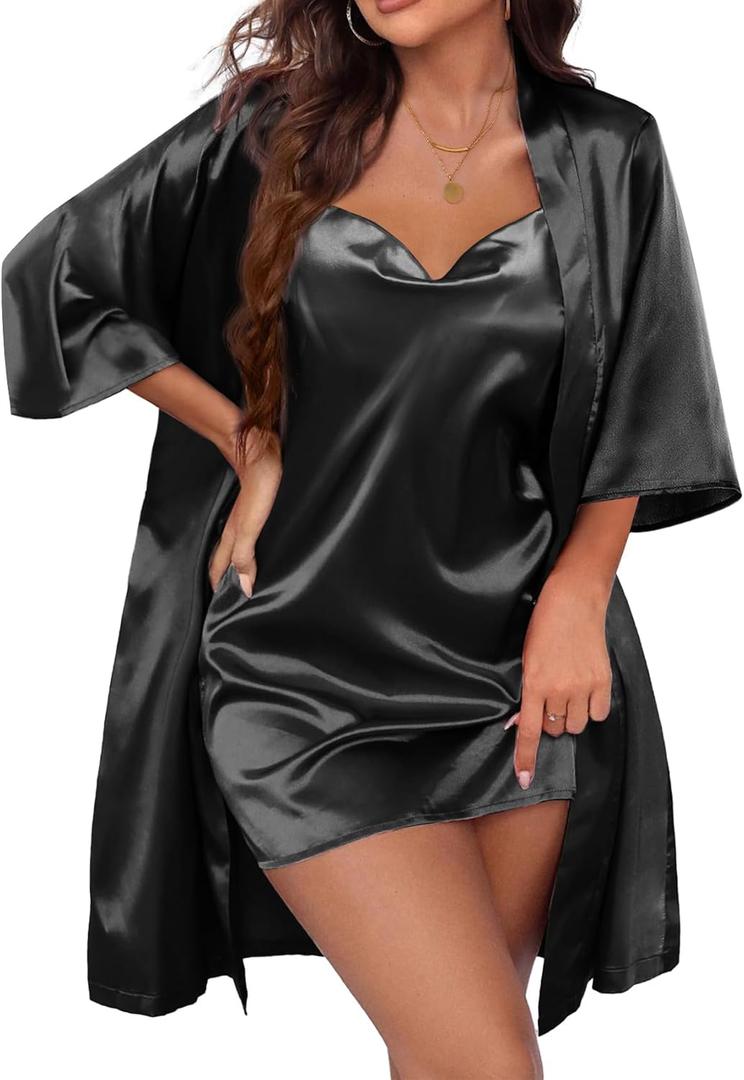 Ekouaer Women's Satin Robe Set Nightgown with Robes Silk Pajama Set 2 Pieces Lingerie Cowl Neck Cami Sleepwear Sets (Small, Black)