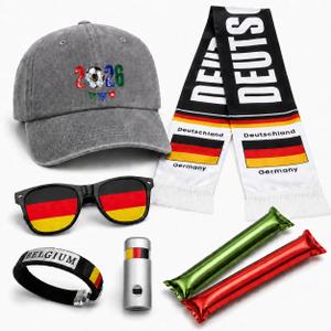 Germany Soccer Fan Gear Set, 7 Pcs 2026 Game Day Accessories with Hat, Scarf, Flag Sunglasses, Wristband, Flag Face Paint & Cheer Sticks, Soccer Party Supplies for Watch Parties