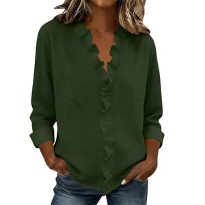 Women Elegant Shirts Linen Dressy Blouses Long Sleeve Casual Tops Ruffled Trim Neck Shirts Casual Trendy Office Shirt Light Blue (L)