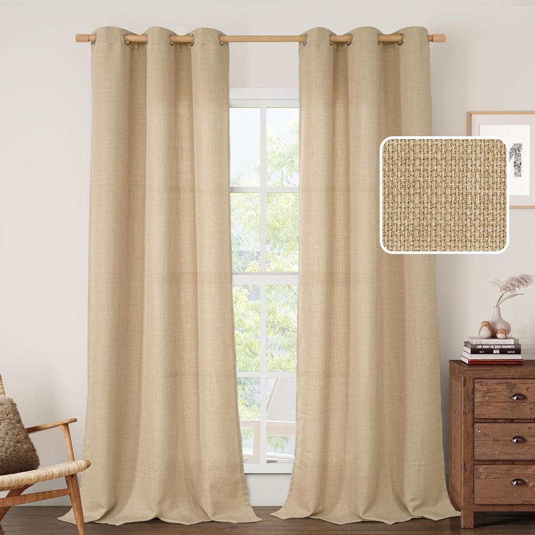 LAMIT Natural Linen Curtains for Living Room, 84 Inch Faux Linen Textured Privacy Drapes Grommet Boho Burlap Panels for Farmhouse/Bedroom, Set of 2 Panels, Tan, 38 x 84 Inch