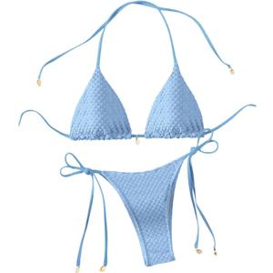 SHENHE Women's 2 Piece Halter Swimsuit Textured Tie Side Triangle Bikini Bathing Suit, S