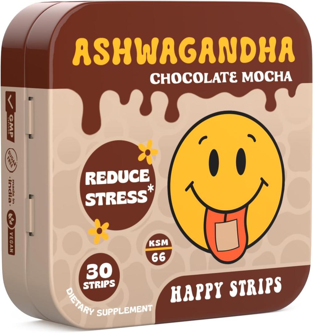 5 x Happy Strips Organic Ashwagandha KSM 66 & GABA for Stress Relief, Calmness, Sleep - Fast-Acting & Rapid-Dissolving, Chocolate Mocha Flavored, Organic, Vegan, Sugar-Free - 30 Count