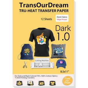 TransOurDream Heat Transfer Paper for Dark T Shirts (12 Sheets, 8.5x11", Dark 1.0) Iron on Transfers Paper for Inkjet Printer Printable Heat Transfer Vinyl for Dark Fabrics