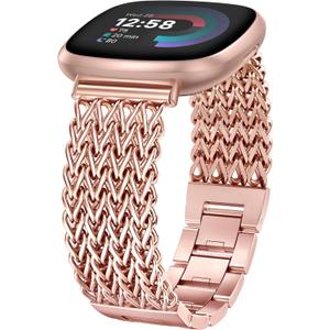 Minyee Metal Bands Compatible with Fitbit Sense 2/Versa 4/Versa 3/Sense Bands Women, Dressy Stainless Steel Multi-chain Designer Luxury Link Bracelet Wristband Replacement Strap (Pink Gold)