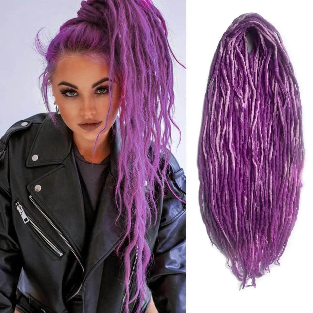 Purple Mixed Pink Wool Dreadlock Extensions 22 Inches Double Ended Hippie Single Dreads Extensions DE Ends 15 Strands Handmade Locs Extensions Reggae Style Crochet Hair for Wome