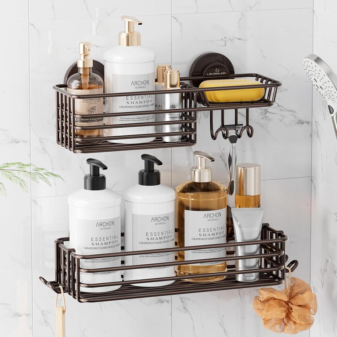 LEVERLOC Shower Caddy Suction Cup, 2 Pack Shelves for Inside with Hooks and Soap Holder, NO-Drilling Bathroom Holder, Rustproof Meatl Bathroom Organizer, Brown